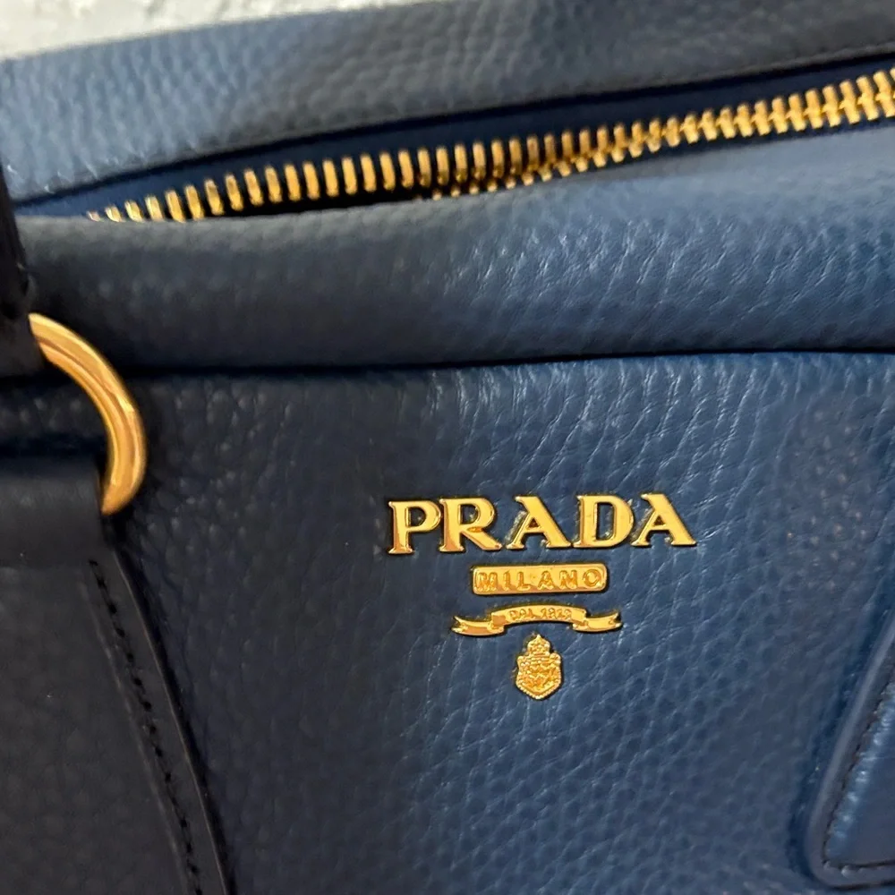 Prada Vitello Daino Bauletto Midnight Blue Pebbled Leather Satchel - Picture 4 of 13